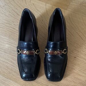 Tory Burch Black Leather Mules with Gold Accents